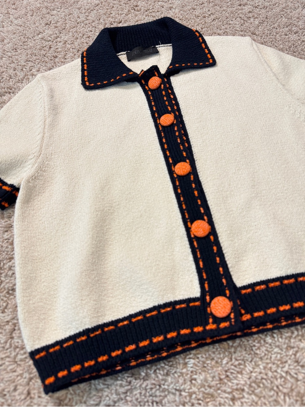 Zara Cream Short-Sleeve Knit Cardigan Top Black & Orange Trim Size M - Picture 2 of 8